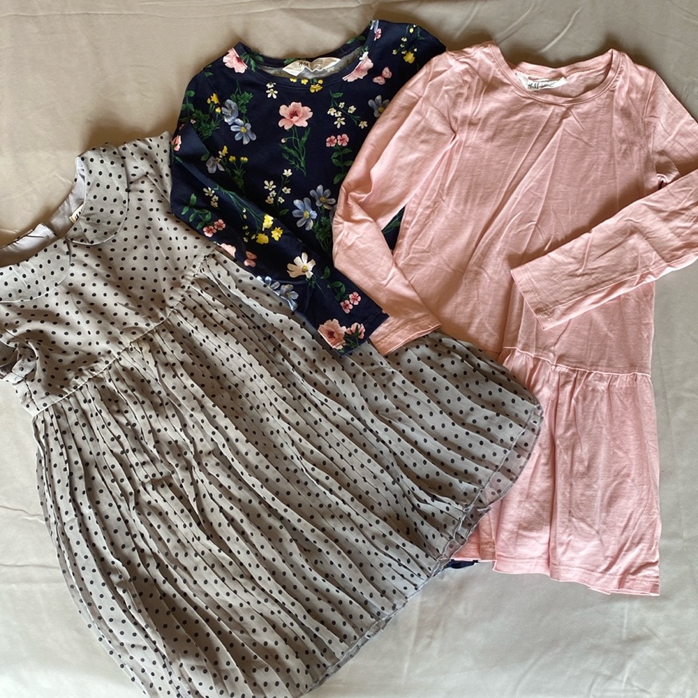 H&M three dress bundle. Size 4-6y and 5-6y. Polka dot, flowers, pink.